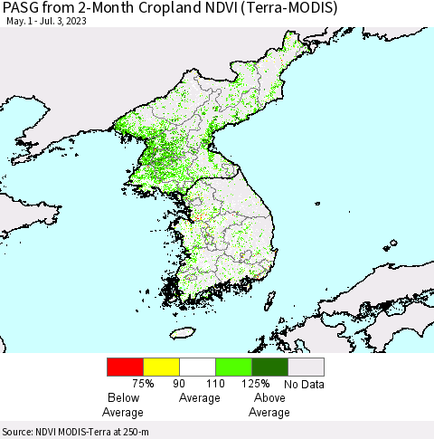 Korea PASG from 2-Month Cropland NDVI (Terra-MODIS) Thematic Map For 6/26/2023 - 7/3/2023