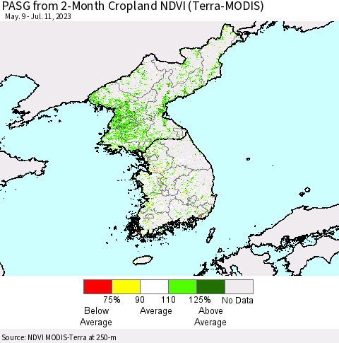 Korea PASG from 2-Month Cropland NDVI (Terra-MODIS) Thematic Map For 7/4/2023 - 7/11/2023