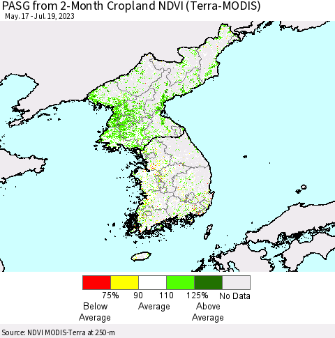 Korea PASG from 2-Month Cropland NDVI (Terra-MODIS) Thematic Map For 7/12/2023 - 7/19/2023