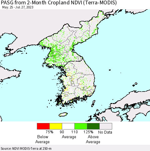 Korea PASG from 2-Month Cropland NDVI (Terra-MODIS) Thematic Map For 7/20/2023 - 7/27/2023