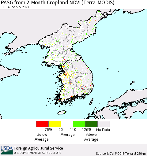 Korea PASG from 2-Month Cropland NDVI (Terra-MODIS) Thematic Map For 9/1/2023 - 9/10/2023