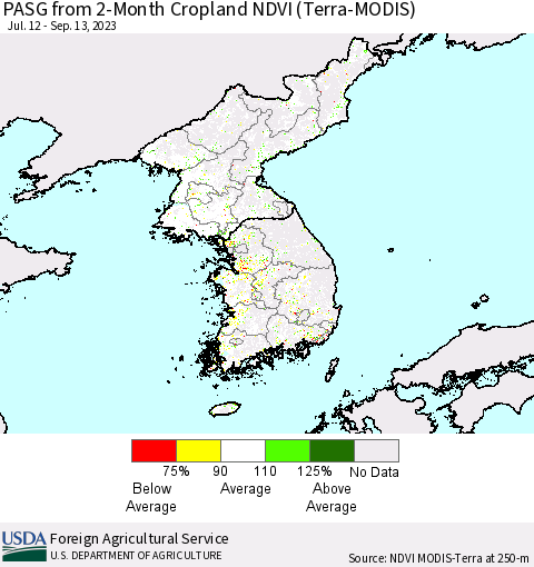 Korea PASG from 2-Month Cropland NDVI (Terra-MODIS) Thematic Map For 9/11/2023 - 9/20/2023