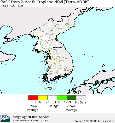 Korea PASG from 2-Month Cropland NDVI (Terra-MODIS) Thematic Map For 10/1/2023 - 10/10/2023