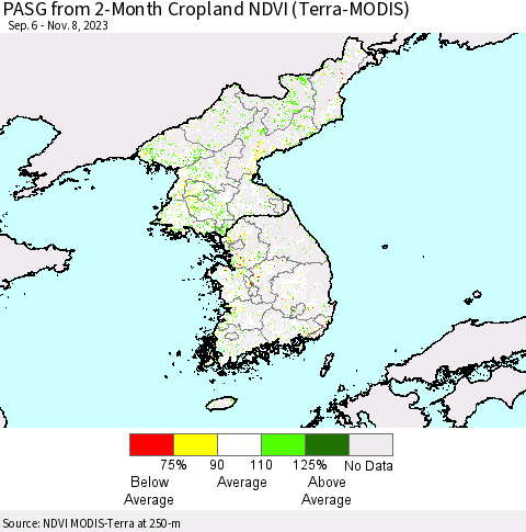 Korea PASG from 2-Month Cropland NDVI (Terra-MODIS) Thematic Map For 11/1/2023 - 11/8/2023