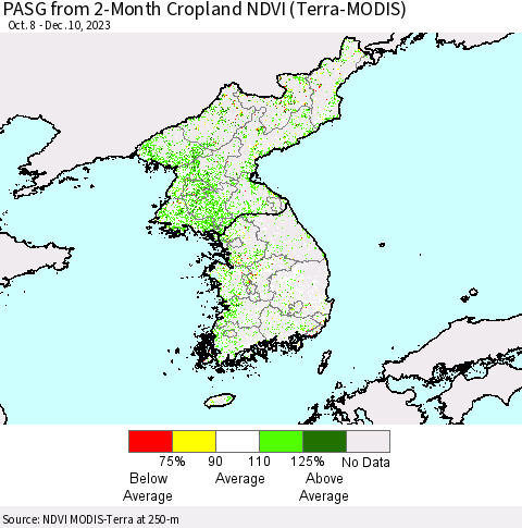 Korea PASG from 2-Month Cropland NDVI (Terra-MODIS) Thematic Map For 12/3/2023 - 12/10/2023