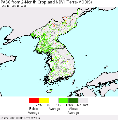 Korea PASG from 2-Month Cropland NDVI (Terra-MODIS) Thematic Map For 12/11/2023 - 12/18/2023