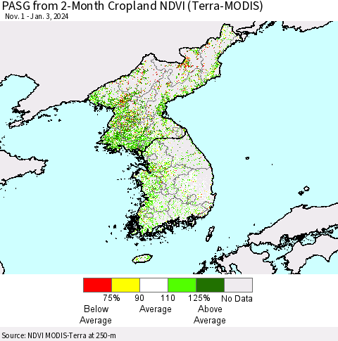 Korea PASG from 2-Month Cropland NDVI (Terra-MODIS) Thematic Map For 12/27/2023 - 1/3/2024