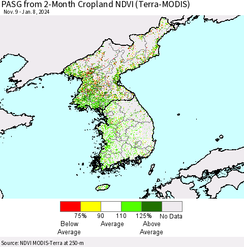 Korea PASG from 2-Month Cropland NDVI (Terra-MODIS) Thematic Map For 1/1/2024 - 1/8/2024