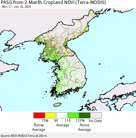 Korea PASG from 2-Month Cropland NDVI (Terra-MODIS) Thematic Map For 1/9/2024 - 1/16/2024