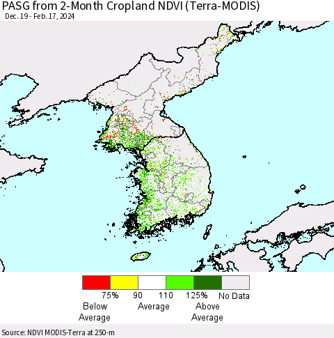 Korea PASG from 2-Month Cropland NDVI (Terra-MODIS) Thematic Map For 2/10/2024 - 2/17/2024