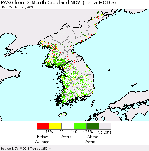 Korea PASG from 2-Month Cropland NDVI (Terra-MODIS) Thematic Map For 2/18/2024 - 2/25/2024