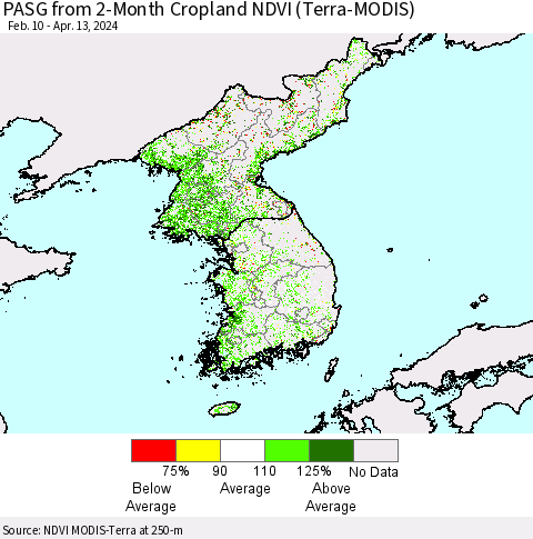 Korea PASG from 2-Month Cropland NDVI (Terra-MODIS) Thematic Map For 4/6/2024 - 4/13/2024