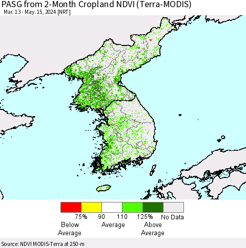 Korea PASG from 2-Month Cropland NDVI (Terra-MODIS) Thematic Map For 5/8/2024 - 5/15/2024