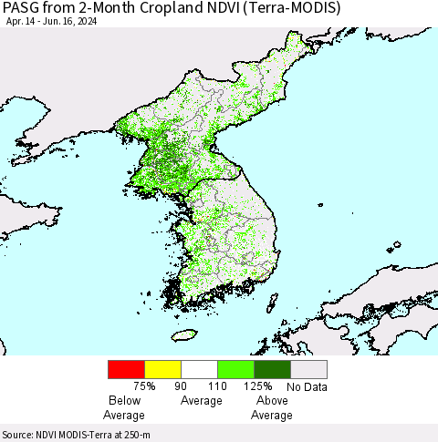 Korea PASG from 2-Month Cropland NDVI (Terra-MODIS) Thematic Map For 6/9/2024 - 6/16/2024
