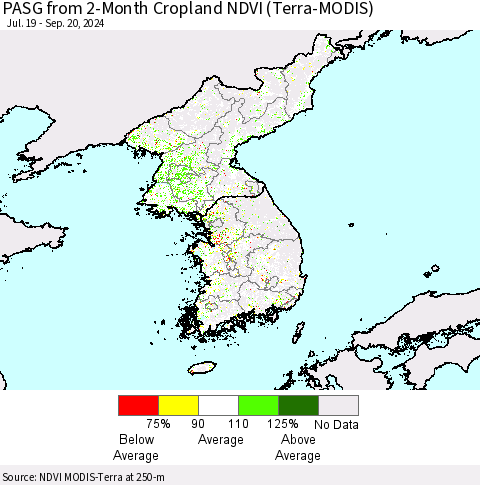 Korea PASG from 2-Month Cropland NDVI (Terra-MODIS) Thematic Map For 9/13/2024 - 9/20/2024