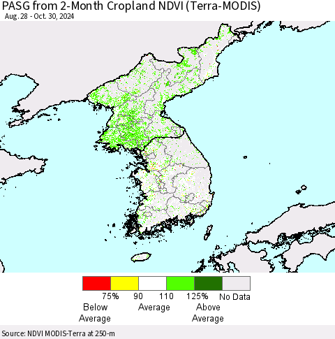 Korea PASG from 2-Month Cropland NDVI (Terra-MODIS) Thematic Map For 10/23/2024 - 10/30/2024