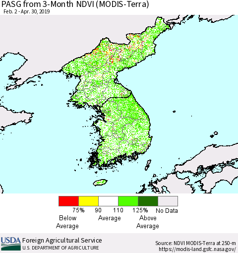 Korea PASG from 3-Month NDVI (Terra-MODIS) Thematic Map For 4/21/2019 - 4/30/2019
