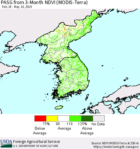 Korea PASG from 3-Month NDVI (Terra-MODIS) Thematic Map For 5/11/2019 - 5/20/2019