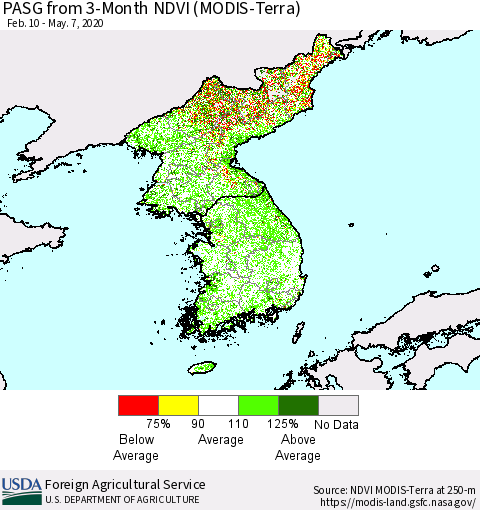 Korea PASG from 3-Month NDVI (Terra-MODIS) Thematic Map For 5/1/2020 - 5/10/2020