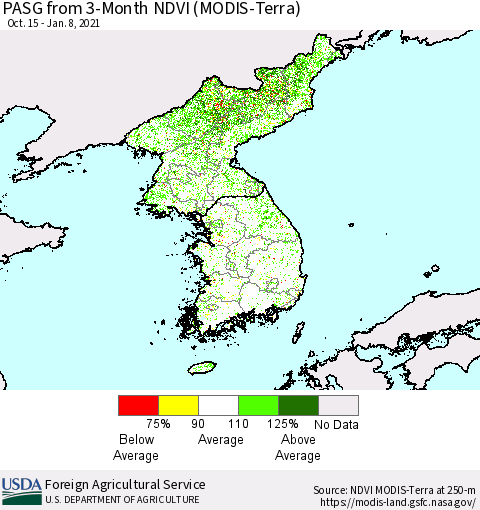 Korea PASG from 3-Month NDVI (Terra-MODIS) Thematic Map For 1/1/2021 - 1/10/2021