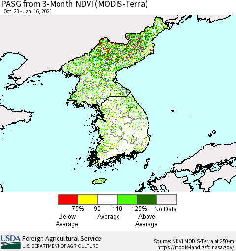 Korea PASG from 3-Month NDVI (Terra-MODIS) Thematic Map For 1/11/2021 - 1/20/2021