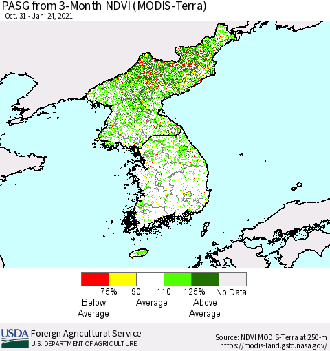 Korea PASG from 3-Month NDVI (Terra-MODIS) Thematic Map For 1/21/2021 - 1/31/2021