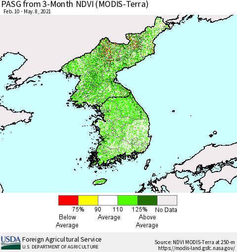 Korea PASG from 3-Month NDVI (Terra-MODIS) Thematic Map For 5/1/2021 - 5/10/2021