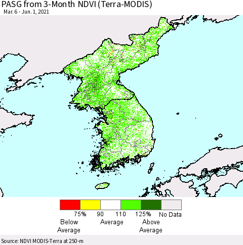 Korea PASG from 3-Month NDVI (Terra-MODIS) Thematic Map For 5/25/2021 - 6/1/2021