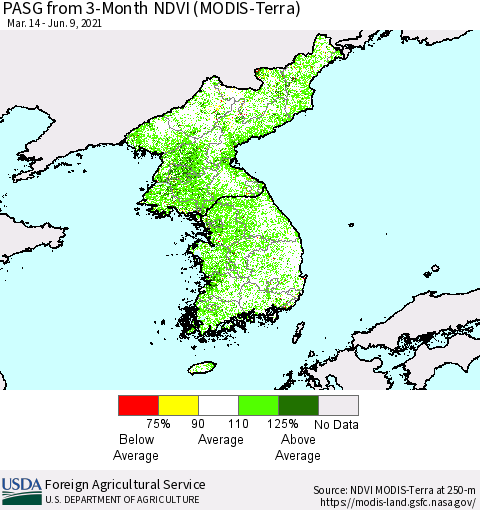 Korea PASG from 3-Month NDVI (Terra-MODIS) Thematic Map For 6/1/2021 - 6/10/2021