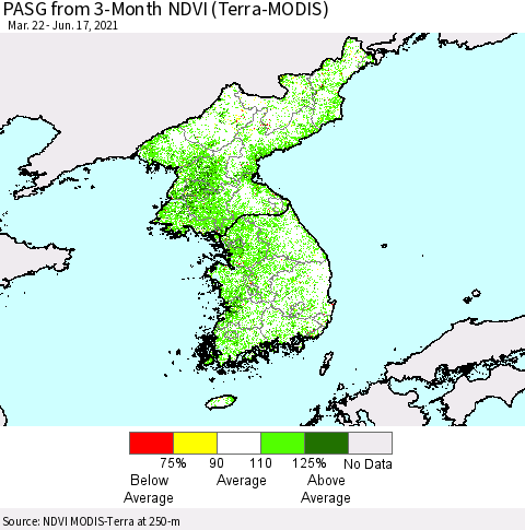 Korea PASG from 3-Month NDVI (Terra-MODIS) Thematic Map For 6/10/2021 - 6/17/2021