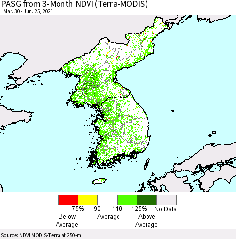 Korea PASG from 3-Month NDVI (Terra-MODIS) Thematic Map For 6/18/2021 - 6/25/2021