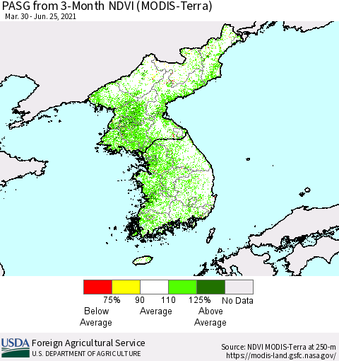 Korea PASG from 3-Month NDVI (Terra-MODIS) Thematic Map For 6/21/2021 - 6/30/2021
