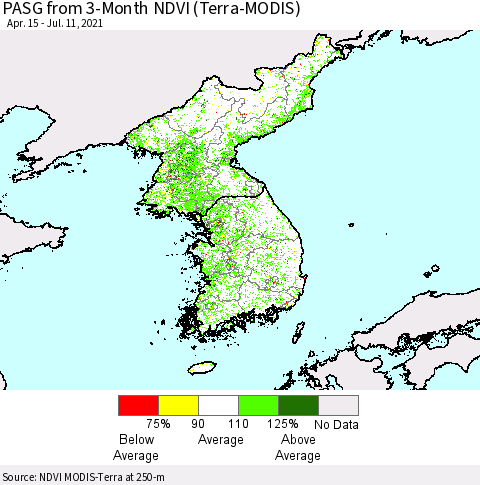 Korea PASG from 3-Month NDVI (Terra-MODIS) Thematic Map For 7/4/2021 - 7/11/2021