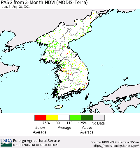 Korea PASG from 3-Month NDVI (Terra-MODIS) Thematic Map For 8/21/2021 - 8/31/2021