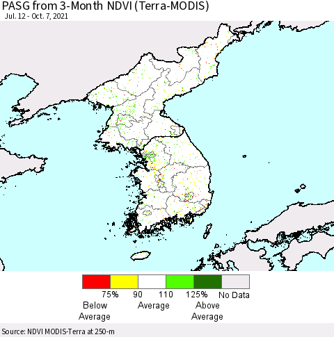 Korea PASG from 3-Month NDVI (Terra-MODIS) Thematic Map For 9/30/2021 - 10/7/2021