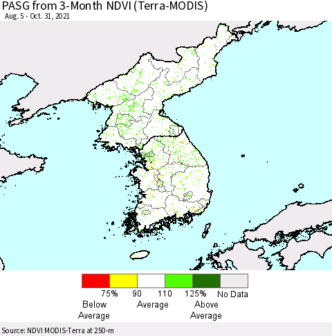 Korea PASG from 3-Month NDVI (Terra-MODIS) Thematic Map For 10/21/2021 - 10/31/2021