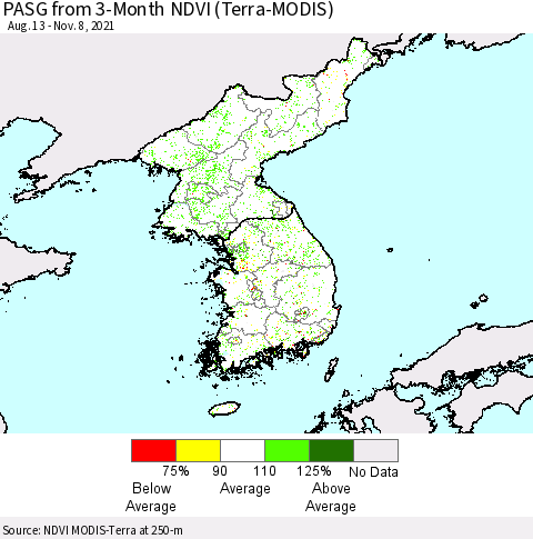 Korea PASG from 3-Month NDVI (Terra-MODIS) Thematic Map For 11/1/2021 - 11/8/2021