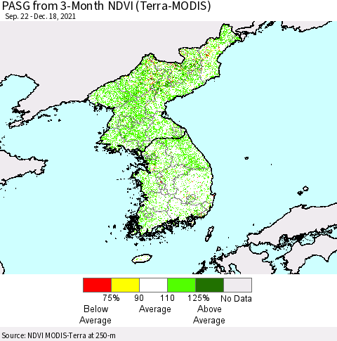 Korea PASG from 3-Month NDVI (Terra-MODIS) Thematic Map For 12/11/2021 - 12/18/2021