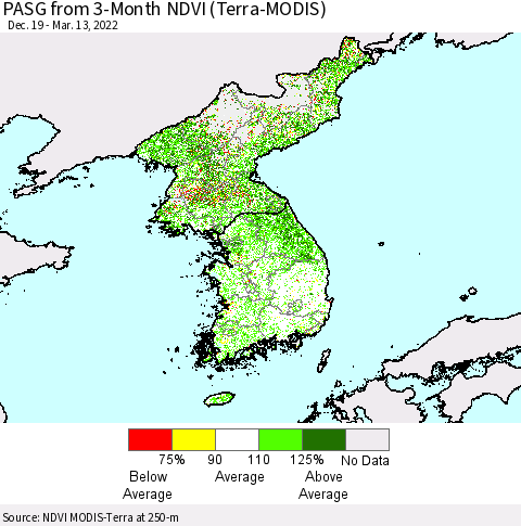 Korea PASG from 3-Month NDVI (Terra-MODIS) Thematic Map For 3/6/2022 - 3/13/2022