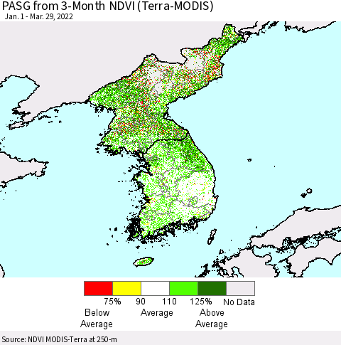 Korea PASG from 3-Month NDVI (Terra-MODIS) Thematic Map For 3/22/2022 - 3/29/2022