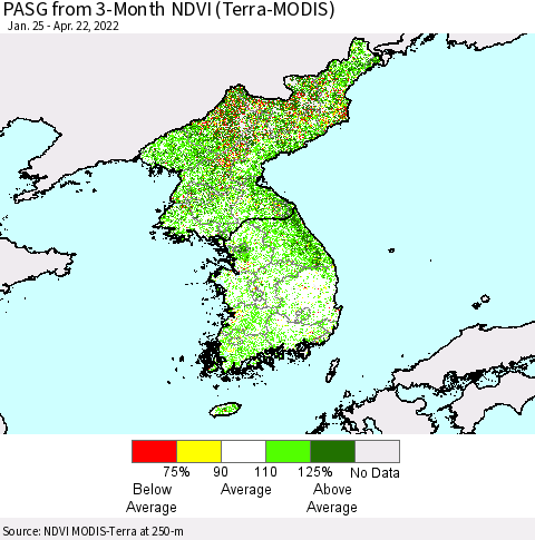 Korea PASG from 3-Month NDVI (Terra-MODIS) Thematic Map For 4/15/2022 - 4/22/2022