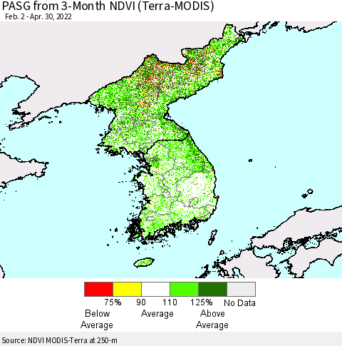 Korea PASG from 3-Month NDVI (Terra-MODIS) Thematic Map For 4/21/2022 - 4/30/2022