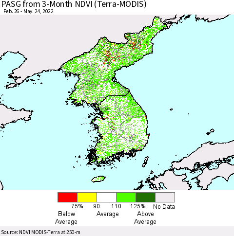 Korea PASG from 3-Month NDVI (Terra-MODIS) Thematic Map For 5/17/2022 - 5/24/2022