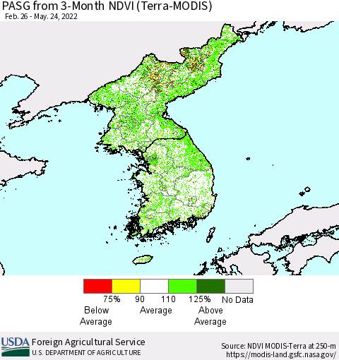 Korea PASG from 3-Month NDVI (Terra-MODIS) Thematic Map For 5/21/2022 - 5/31/2022