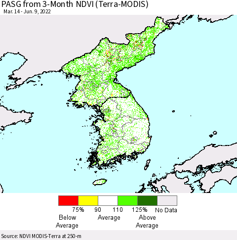 Korea PASG from 3-Month NDVI (Terra-MODIS) Thematic Map For 6/2/2022 - 6/9/2022