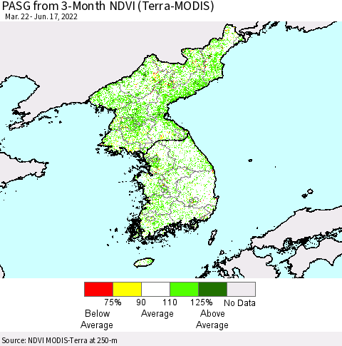 Korea PASG from 3-Month NDVI (Terra-MODIS) Thematic Map For 6/10/2022 - 6/17/2022