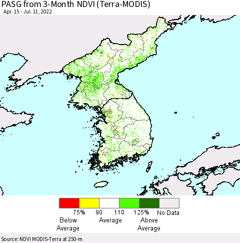 Korea PASG from 3-Month NDVI (Terra-MODIS) Thematic Map For 7/4/2022 - 7/11/2022
