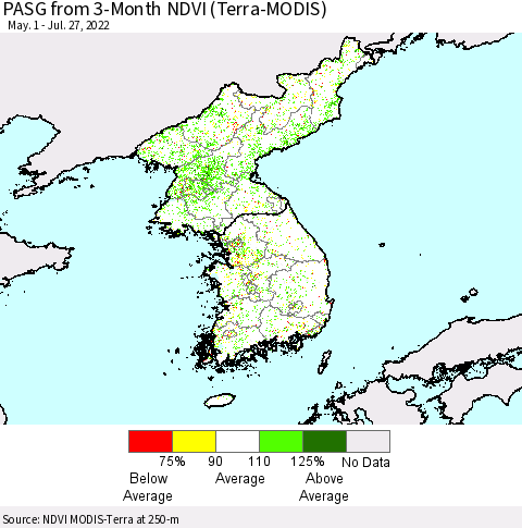 Korea PASG from 3-Month NDVI (Terra-MODIS) Thematic Map For 7/20/2022 - 7/27/2022