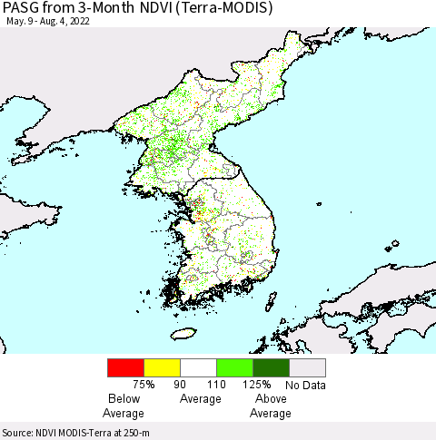 Korea PASG from 3-Month NDVI (Terra-MODIS) Thematic Map For 7/28/2022 - 8/4/2022