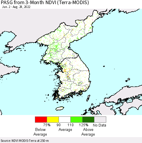 Korea PASG from 3-Month NDVI (Terra-MODIS) Thematic Map For 8/21/2022 - 8/28/2022